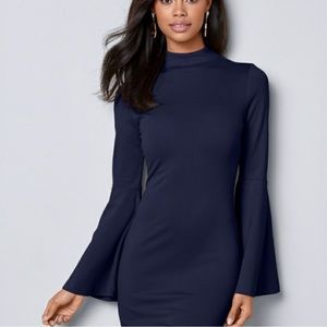 Venus Navy Blue Bell sleeve Body con high neck dress‎ with zip back size Medium